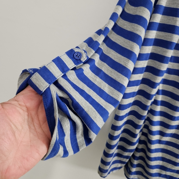 Bongo Women's Plus Stripe Nautical Coastal Roll Tab Button Up Shirt Top - Picture 4 of 13